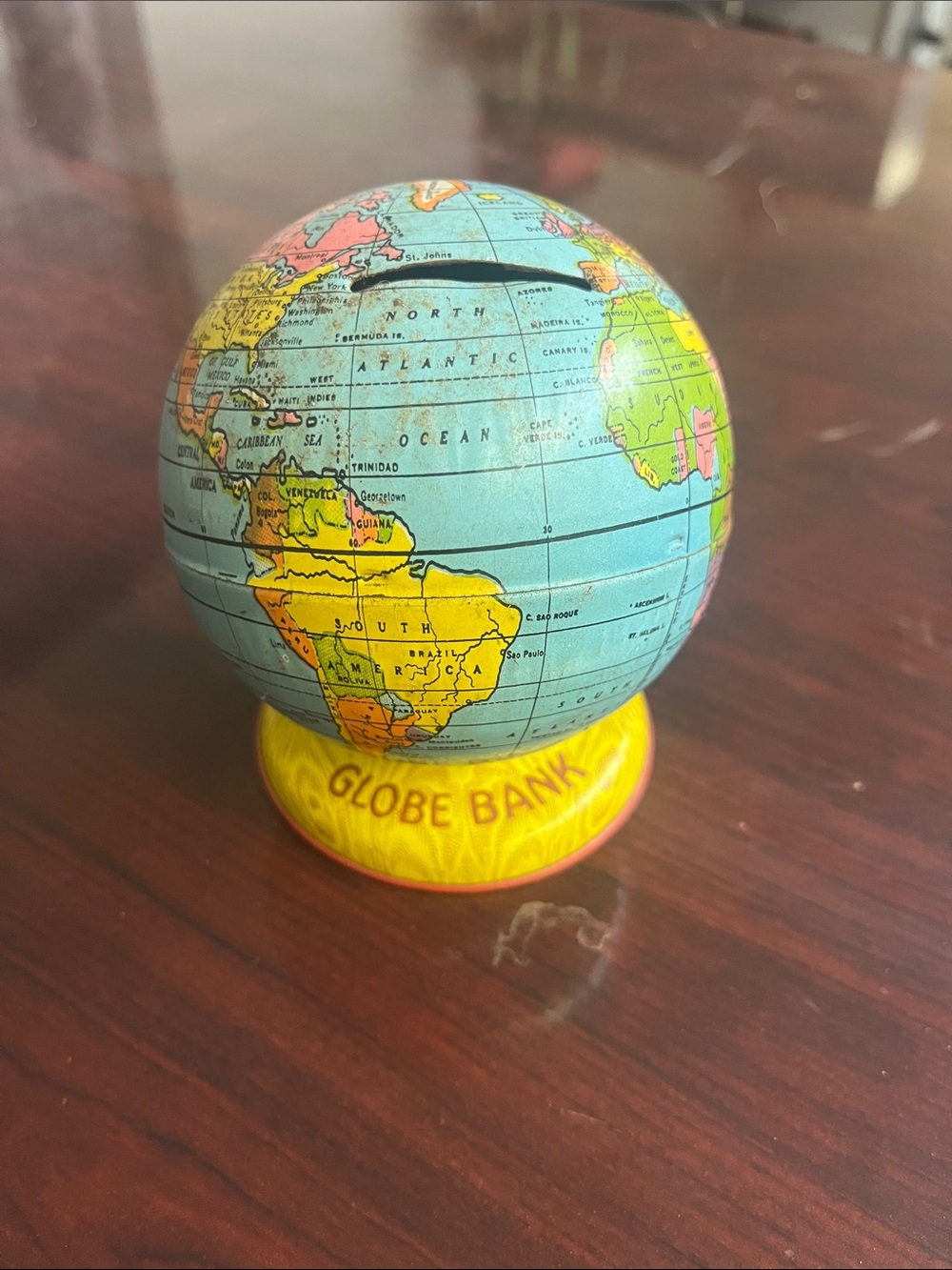 Vintage J Chein Co Tin World Globe Coin Bank. Made in the USA!!